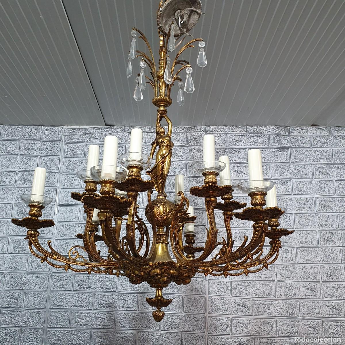 Antig&uuml;edades: Antigua lampara de bronce y cristal - Foto 4