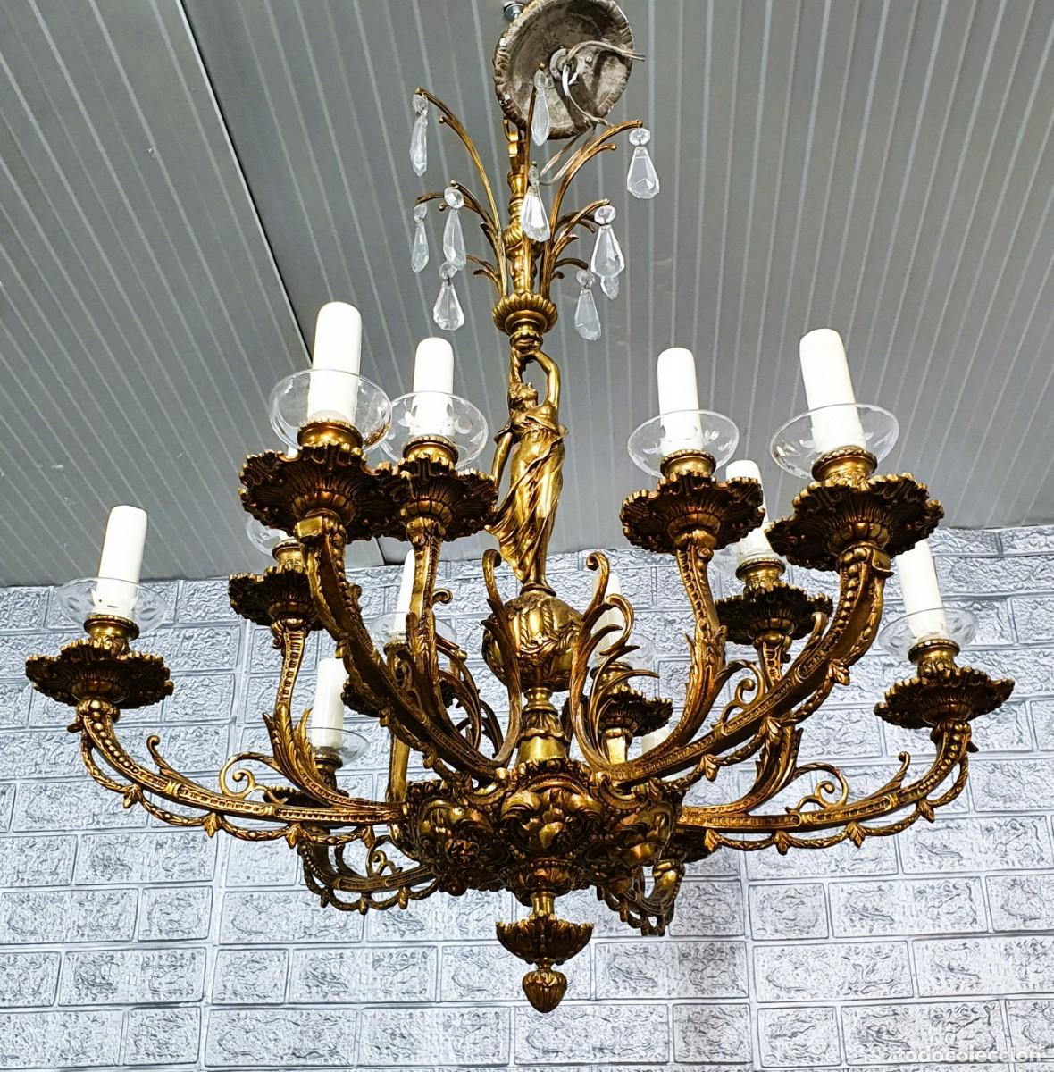 Antig&uuml;edades: Antigua lampara de bronce y cristal - Foto 5
