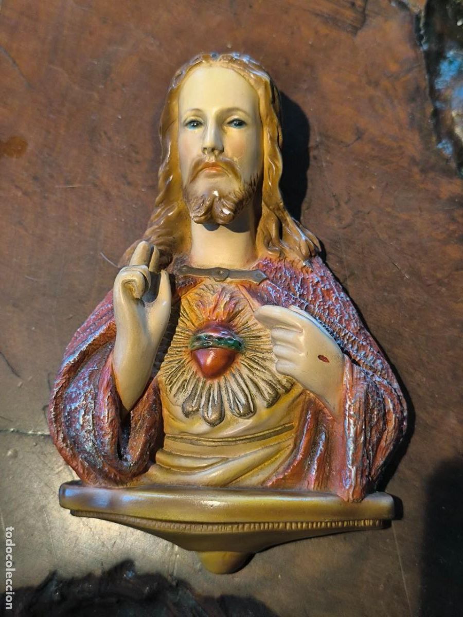 Antig&uuml;edades: CORAZON DE JESUS EN ESTUCO POLICROMADO 15 CM - Foto 1