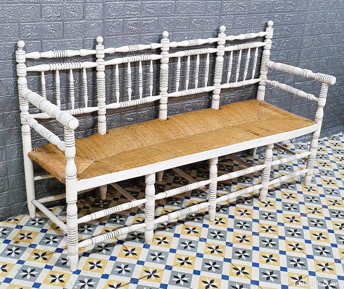 Antig&uuml;edades: Antiguo sof&aacute; de madera con asiento de enea - Foto 4