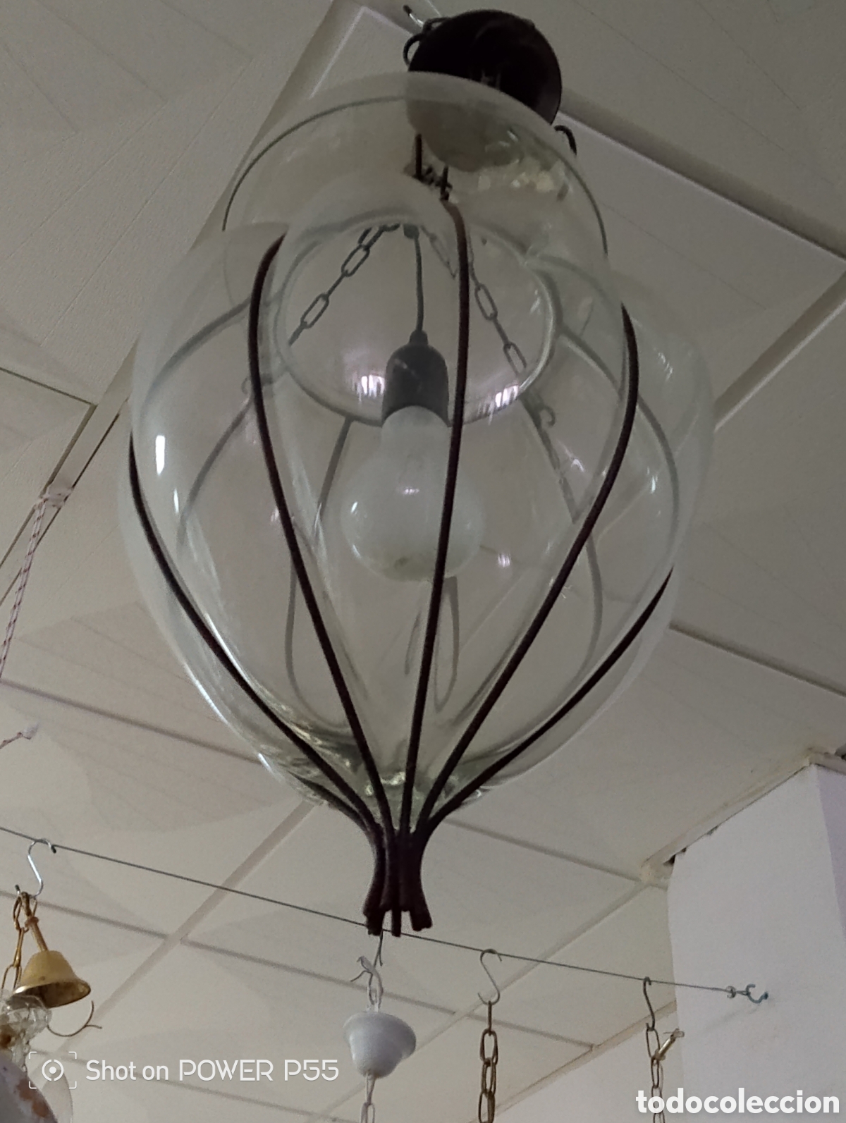 Antig&uuml;edades: L&aacute;mpara de forja y cristal - Foto 2