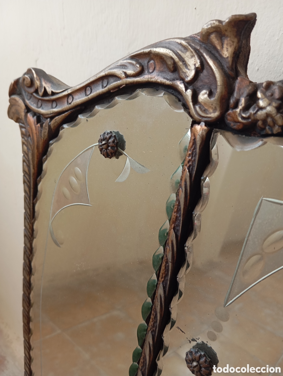 Antig&uuml;edades: ESPEJO ANTIGUO CON CORNUCOPIA DE MADERA Y CRISTAL TALLADO - Foto 15