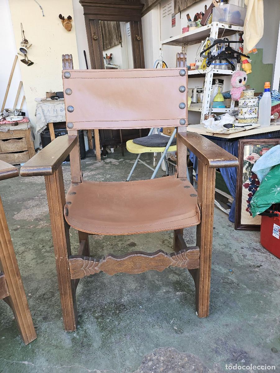Antig&uuml;edades: 2 sillones de madera y cuero - Foto 4