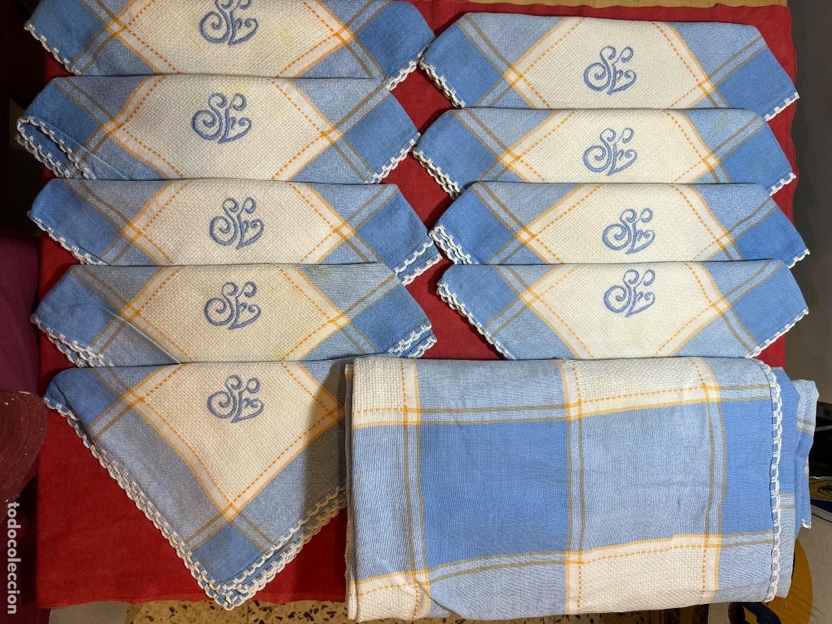 Antiques: Juego mantel y 9 servilletas antiguas &ndash; cuadros azul claro/oscuro con l&iacute;neas amarillas e iniciales J