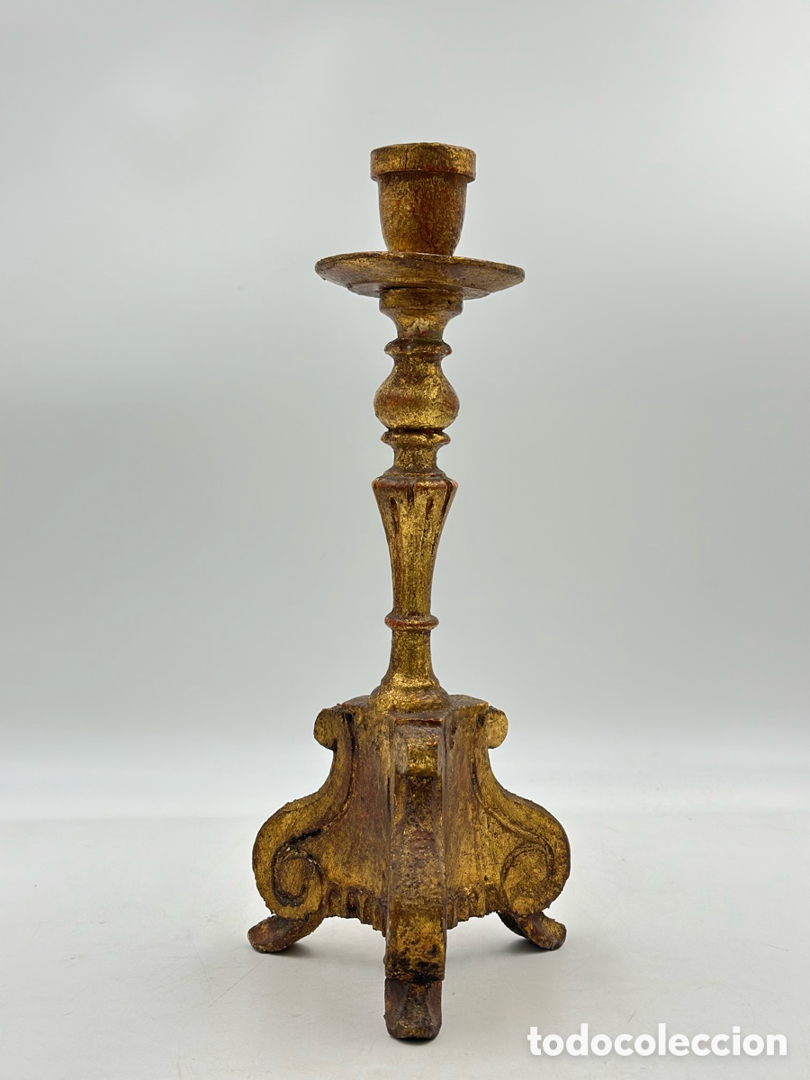 Antig&uuml;edades: ANTIGUO CANDELERO DE MADERA DORADA - Foto 7