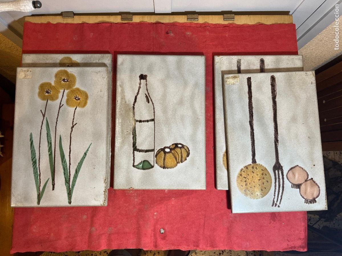 Antig&uuml;edades: Lote de 5 baldosas esmaltadas italianas &ndash; Vintage decorativo cocina a&ntilde;os 70 &ndash; Made in Italy