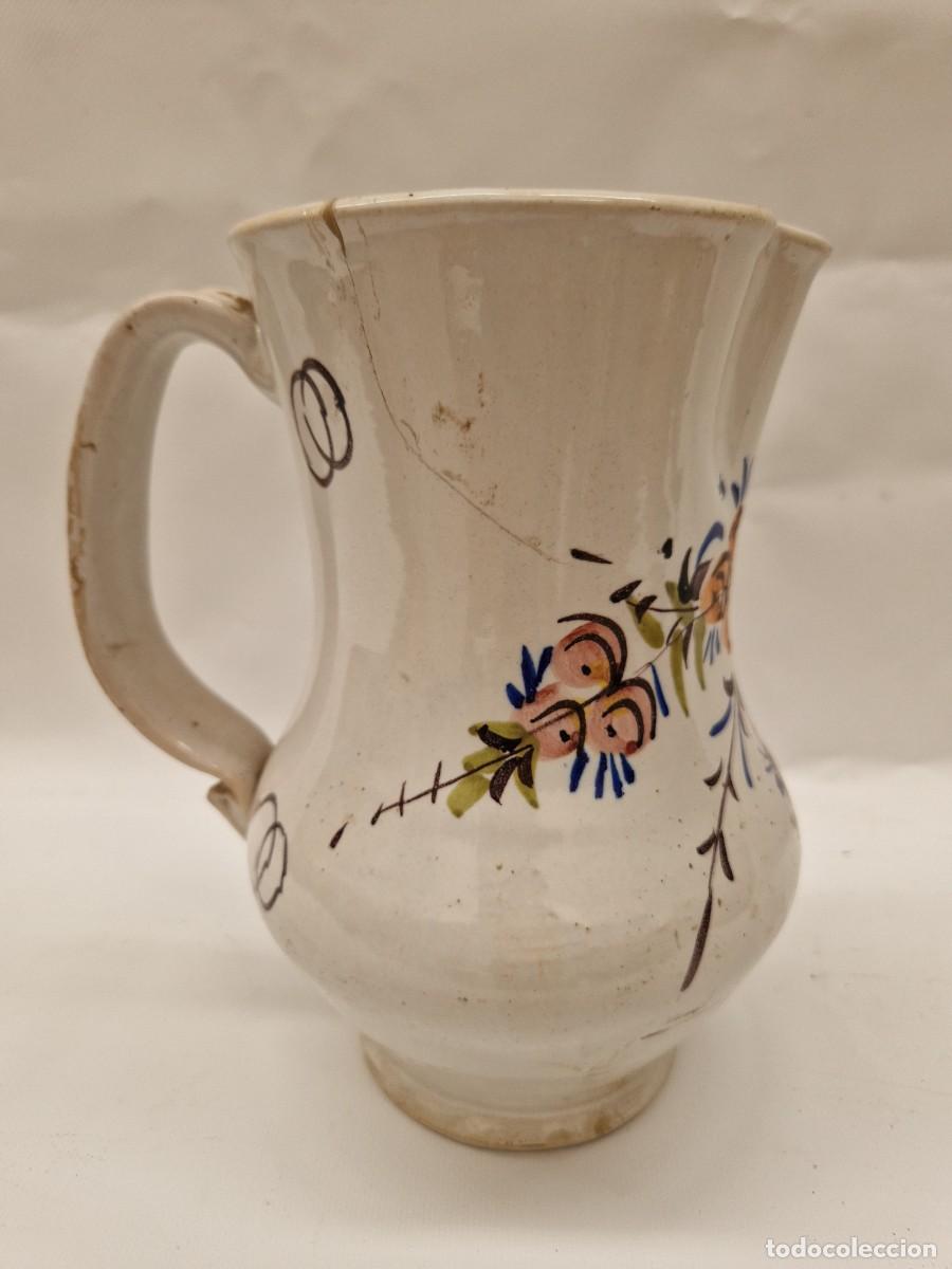 Antig&uuml;edades: Jarra cer&aacute;mica antigua pintada a mano, motivos florales, S.XIX