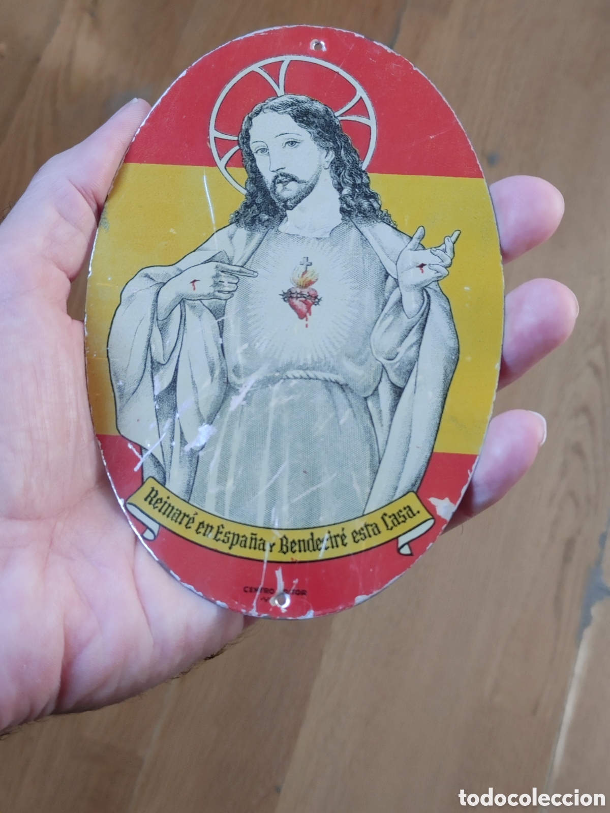 Antig&uuml;edades: Placa de chapa para puerta. Sagrado Corazon. - Foto 1