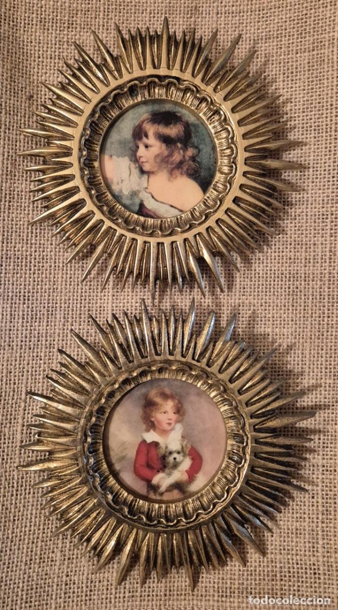 Antiquit&eacute;s: Pareja de Marcos Sol Dorados Vintage (con Retratos Infantiles Rom&aacute;nticos &mdash; Estilo Cl&aacute;sico Ingl&eacute;s