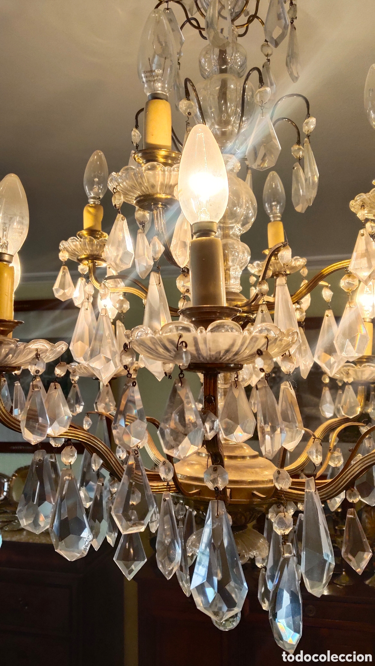 Antig&uuml;edades: Lampara de Ara&ntilde;a de Bronce y Cristal - Foto 3