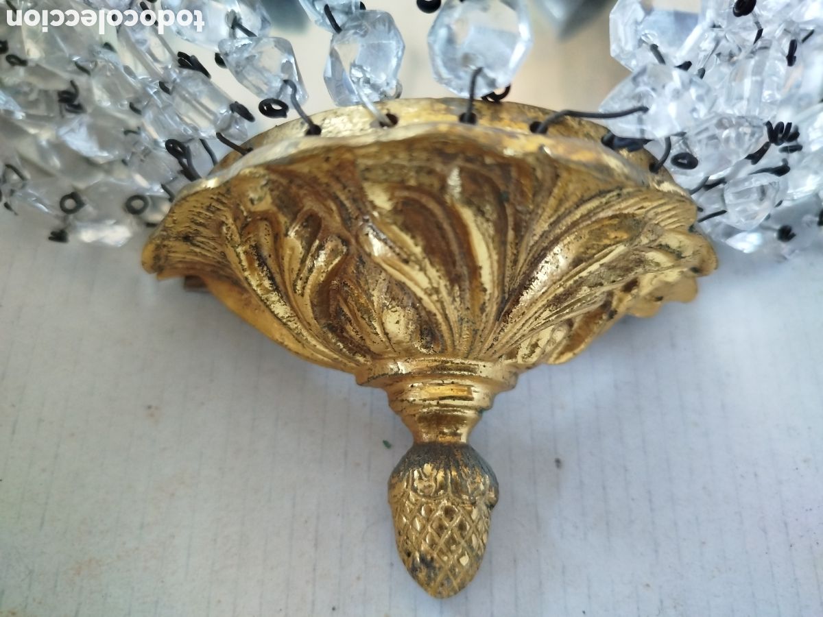 Antig&uuml;edades: APLIQUE DE PARED DE BRONCE Y CRISTAL DE TRES LUCES - Foto 4