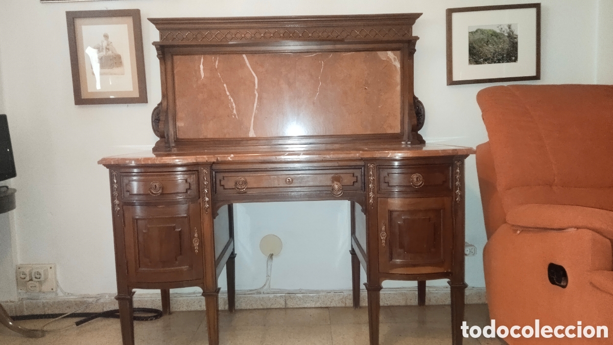 Antig&uuml;edades: Escritorio de madera con m&aacute;rmol rojo - Foto 3
