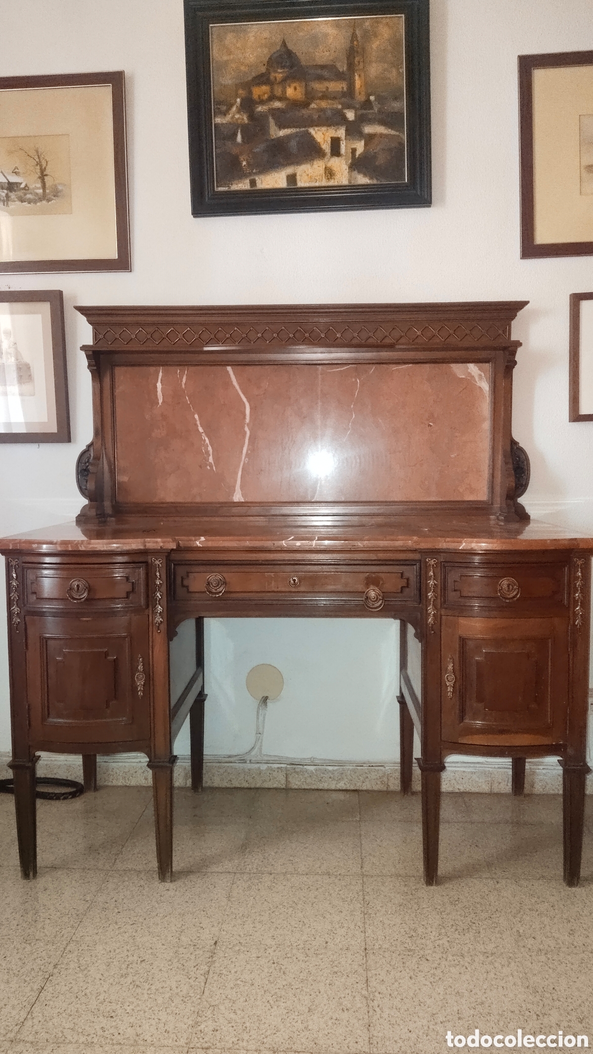 Antig&uuml;edades: Escritorio de madera con m&aacute;rmol rojo - Foto 1