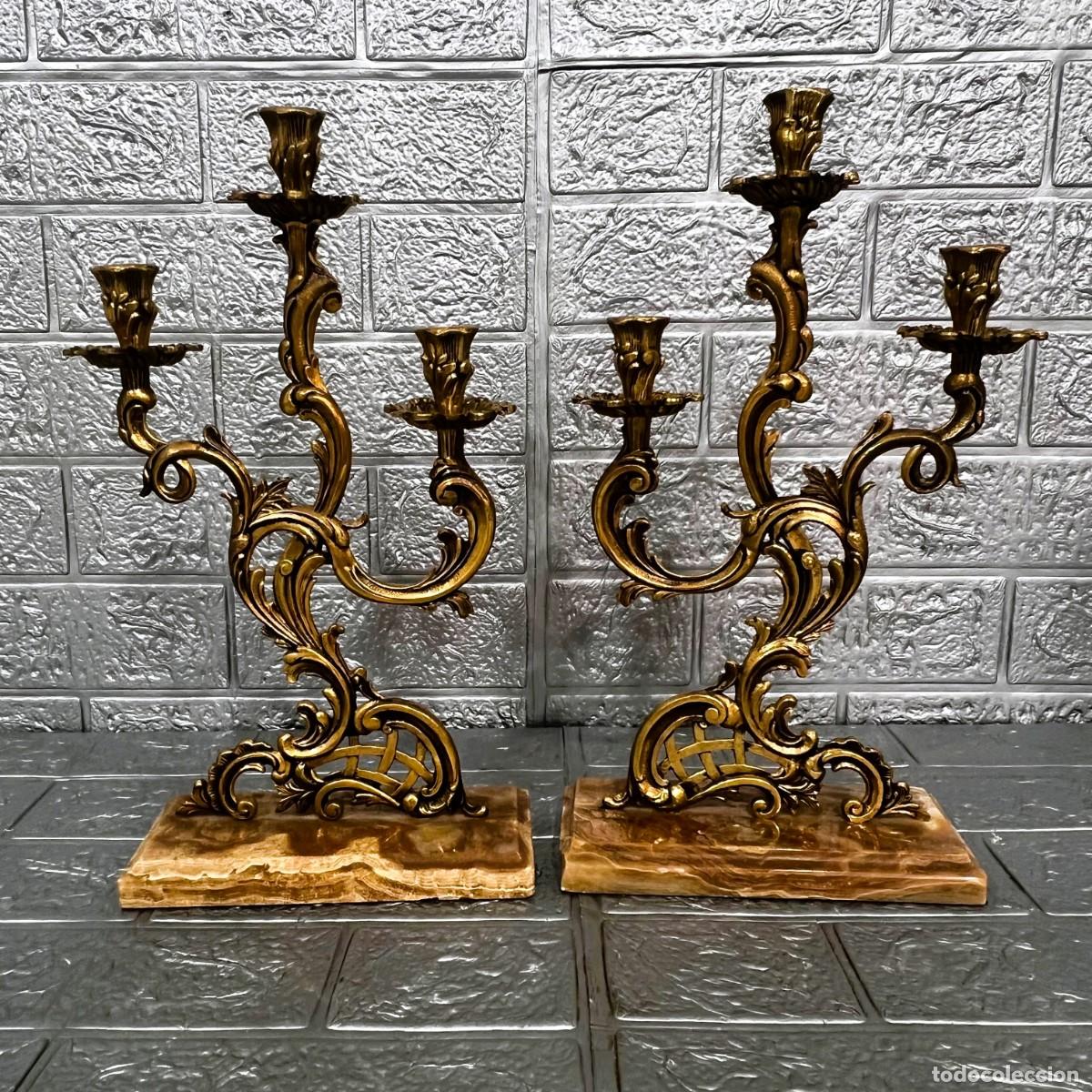 Antig&uuml;edades: Pareja de candelabros de bronce con base de m&aacute;rmol - Foto 3