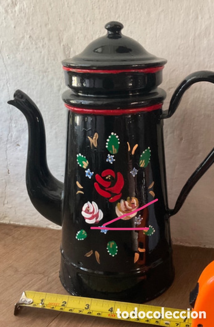 Antig&uuml;edades: Cafetera esmaltada pintada a mano - Foto 2