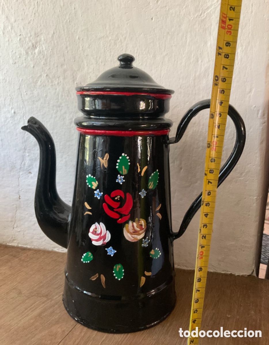 Antig&uuml;edades: Cafetera esmaltada pintada a mano - Foto 3