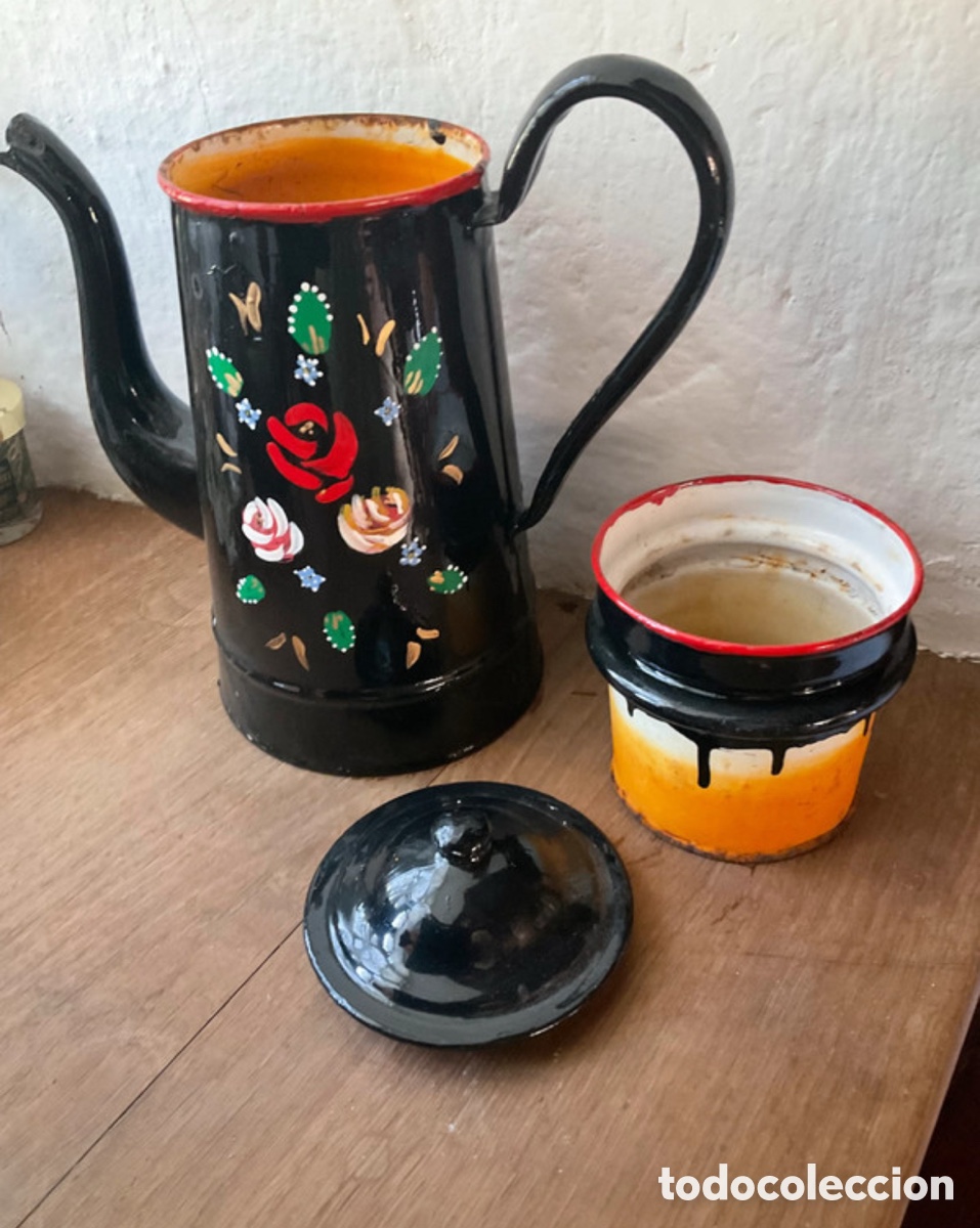 Antig&uuml;edades: Cafetera esmaltada pintada a mano - Foto 5