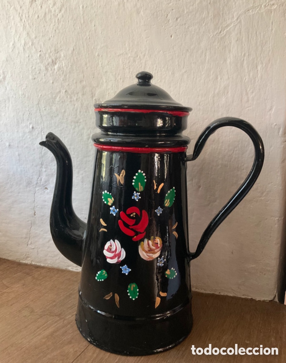 Antig&uuml;edades: Cafetera esmaltada pintada a mano - Foto 1