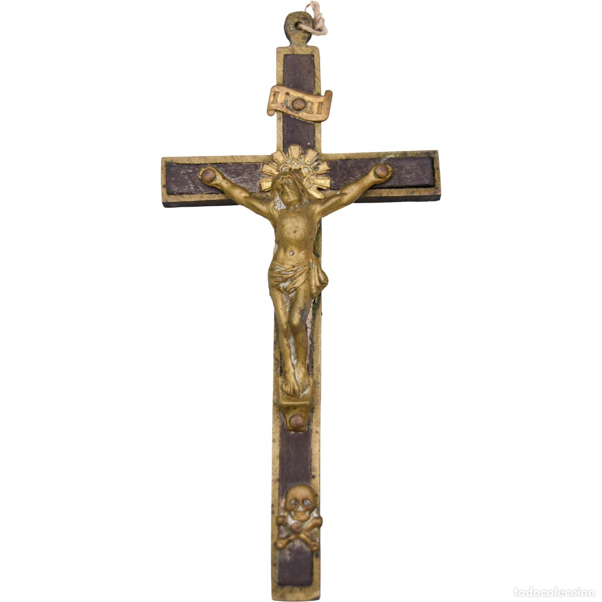 Antig&uuml;edades: Cruz de mano realizada en bronce y madera - Foto 1