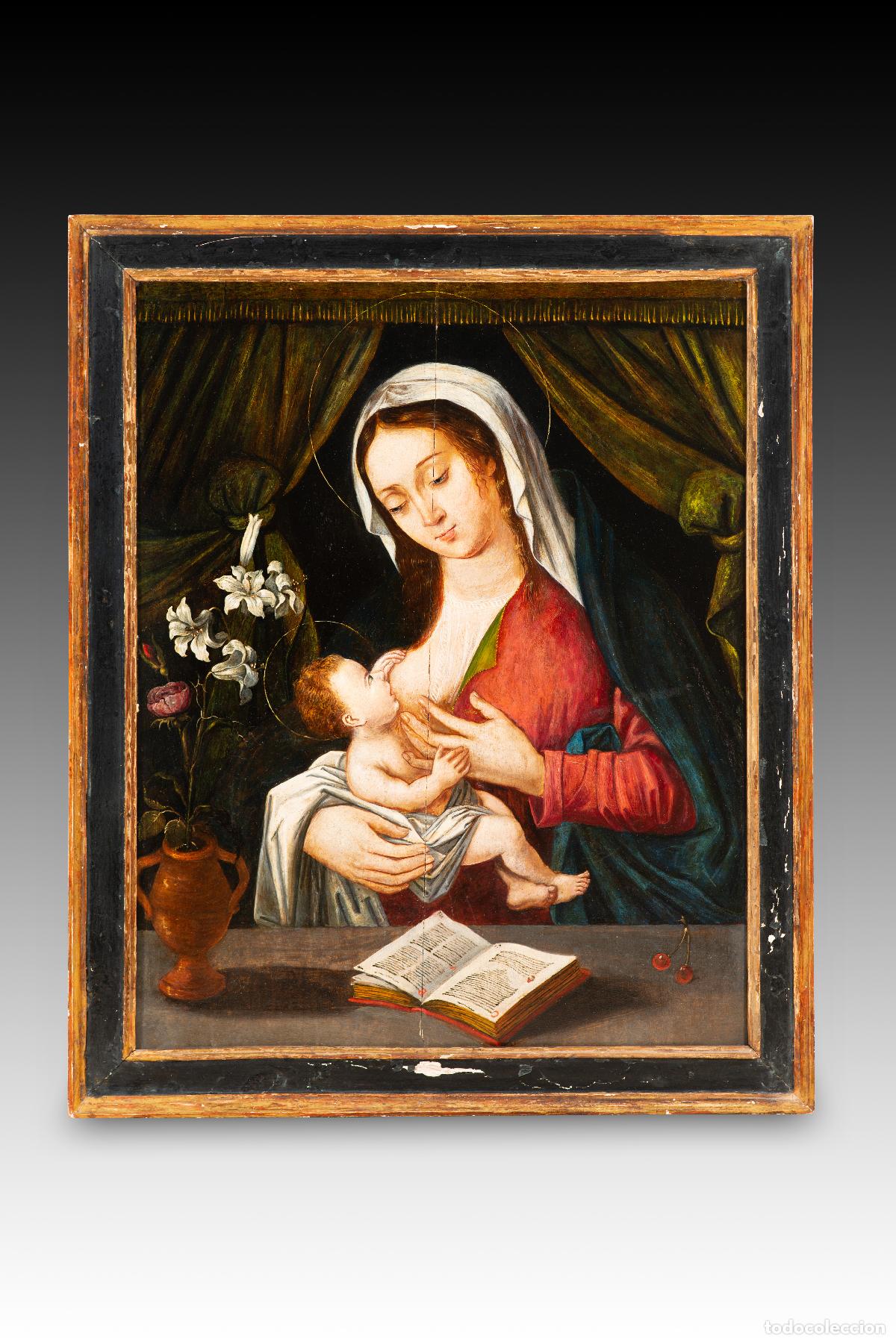 Antiquit&eacute;s: Virgen de la Leche. &Oacute;leo sobre tabla. Escuela hispanoflamenca, siglo XVI.