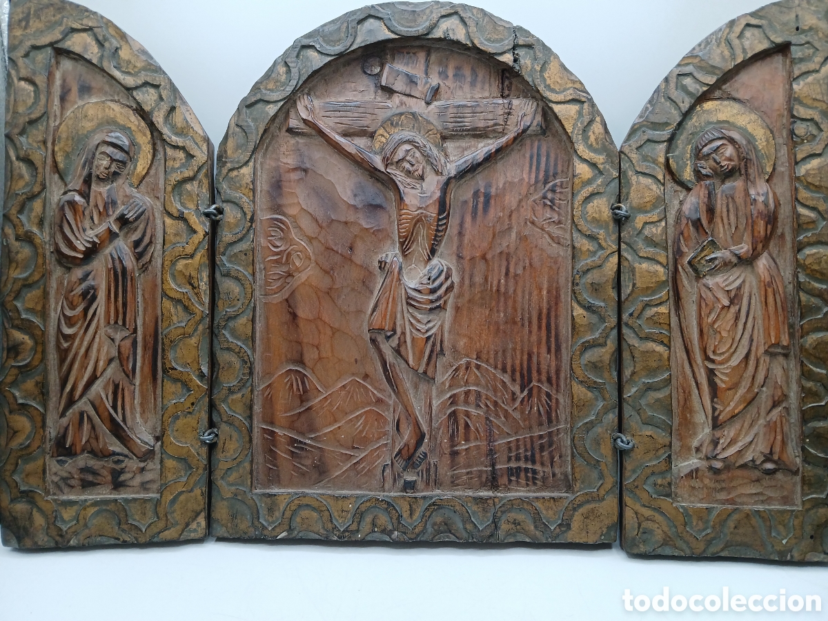 Antig&uuml;edades: Antiguo triptico madera tallada - Foto 1