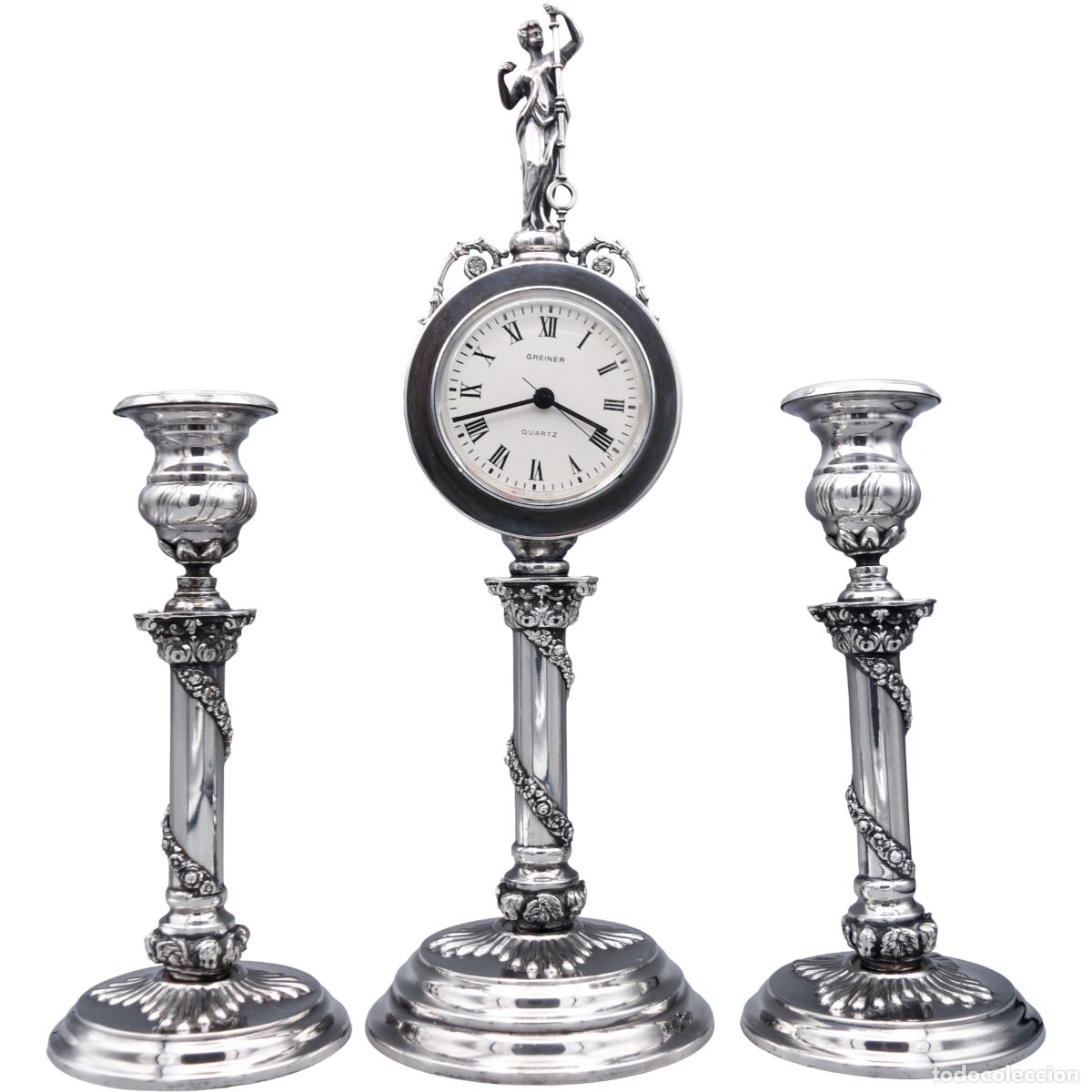 Antig&uuml;edades: Plata - Candeleros con reloj - Foto 1