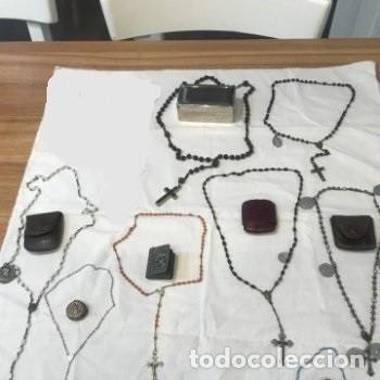 Antiques: Lote de ocho rosarios antiguos, varios en sus estuches, varios miniatura + cruz, broche y medalla