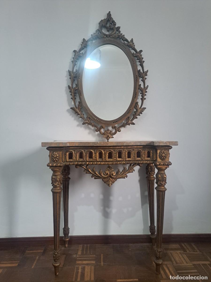 Antig&uuml;edades: CONSOLA CRED&Ecirc;NCIA COM ESPELHO EN MADERA TALLHADA - Foto 1