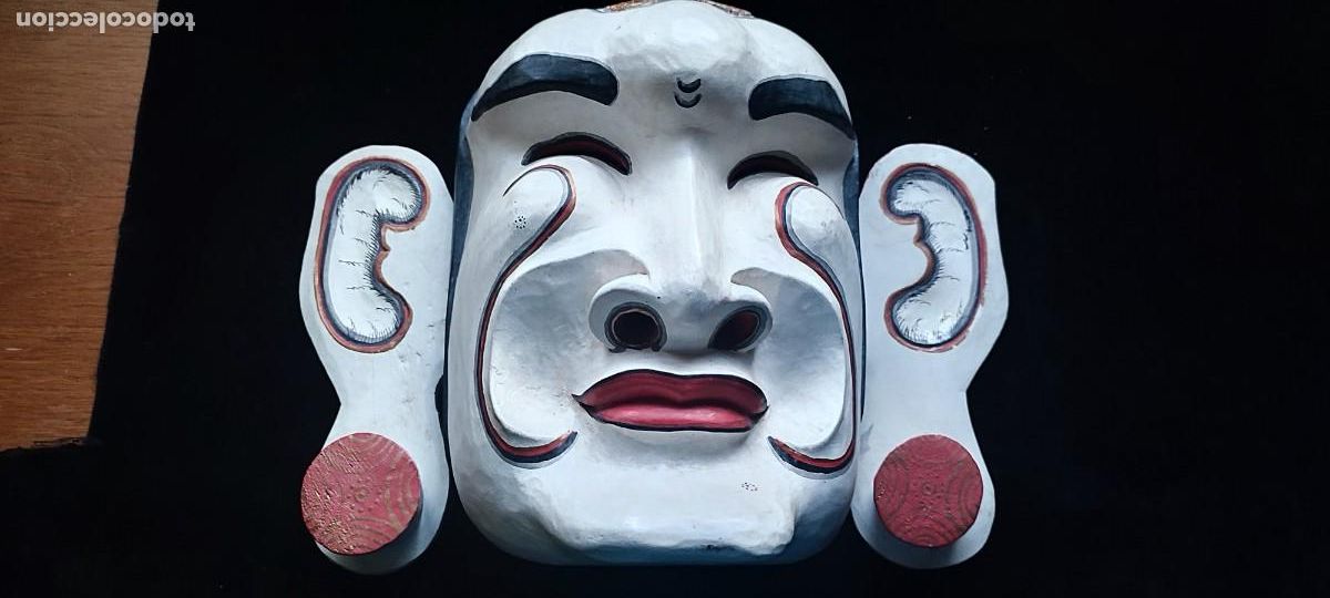 Antiguidades: Extraordinaria gran m&aacute;scara de Jap&oacute;n de madera tallada y decorada a mano