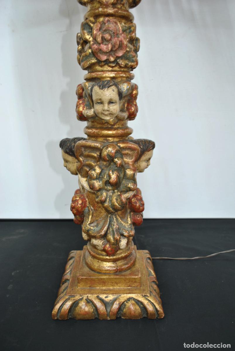 Antig&uuml;edades: L&Aacute;MPARA DE MESA BASE MADERA ANGELITOS - Foto 7