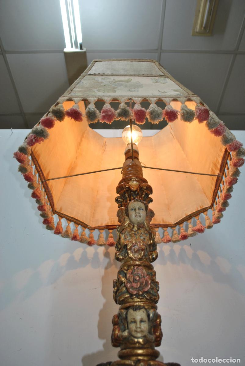 Antig&uuml;edades: L&Aacute;MPARA DE MESA BASE MADERA ANGELITOS - Foto 11