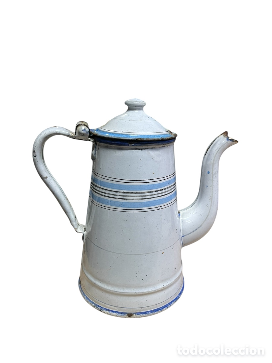 Antig&uuml;edades: Antigua cafetera esmaltada en blanco con rayas azules - Foto 4