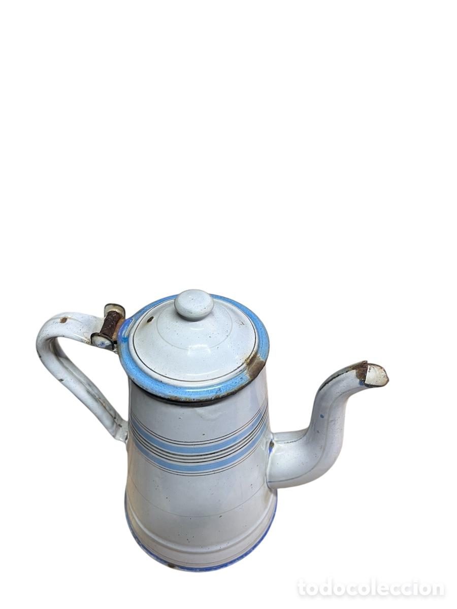 Antig&uuml;edades: Antigua cafetera esmaltada en blanco con rayas azules - Foto 6