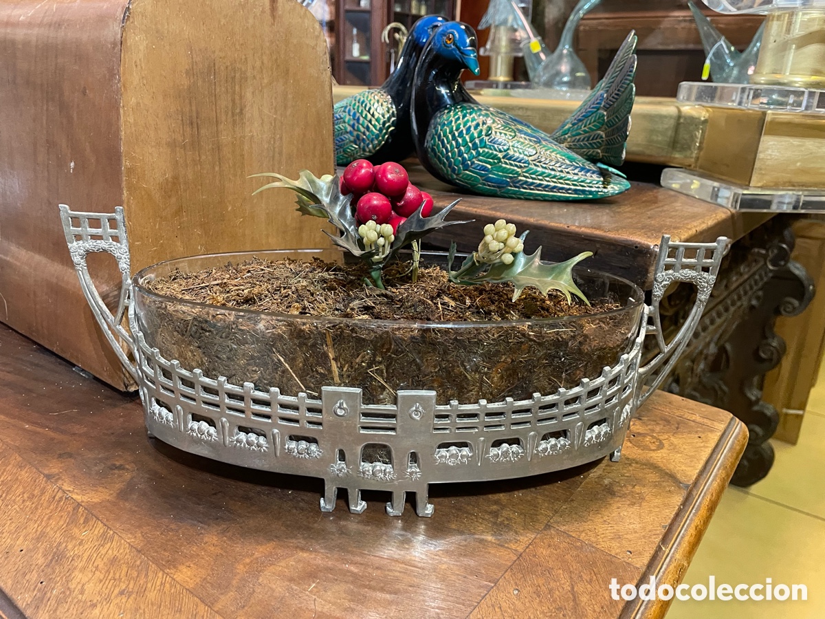 Antig&uuml;edades: Centro de mesa de metal con vidrio de 1920 - Foto 2