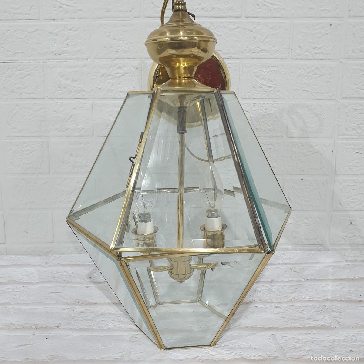 Antig&uuml;edades: Farol de lat&oacute;n con cristales biselados - Foto 2