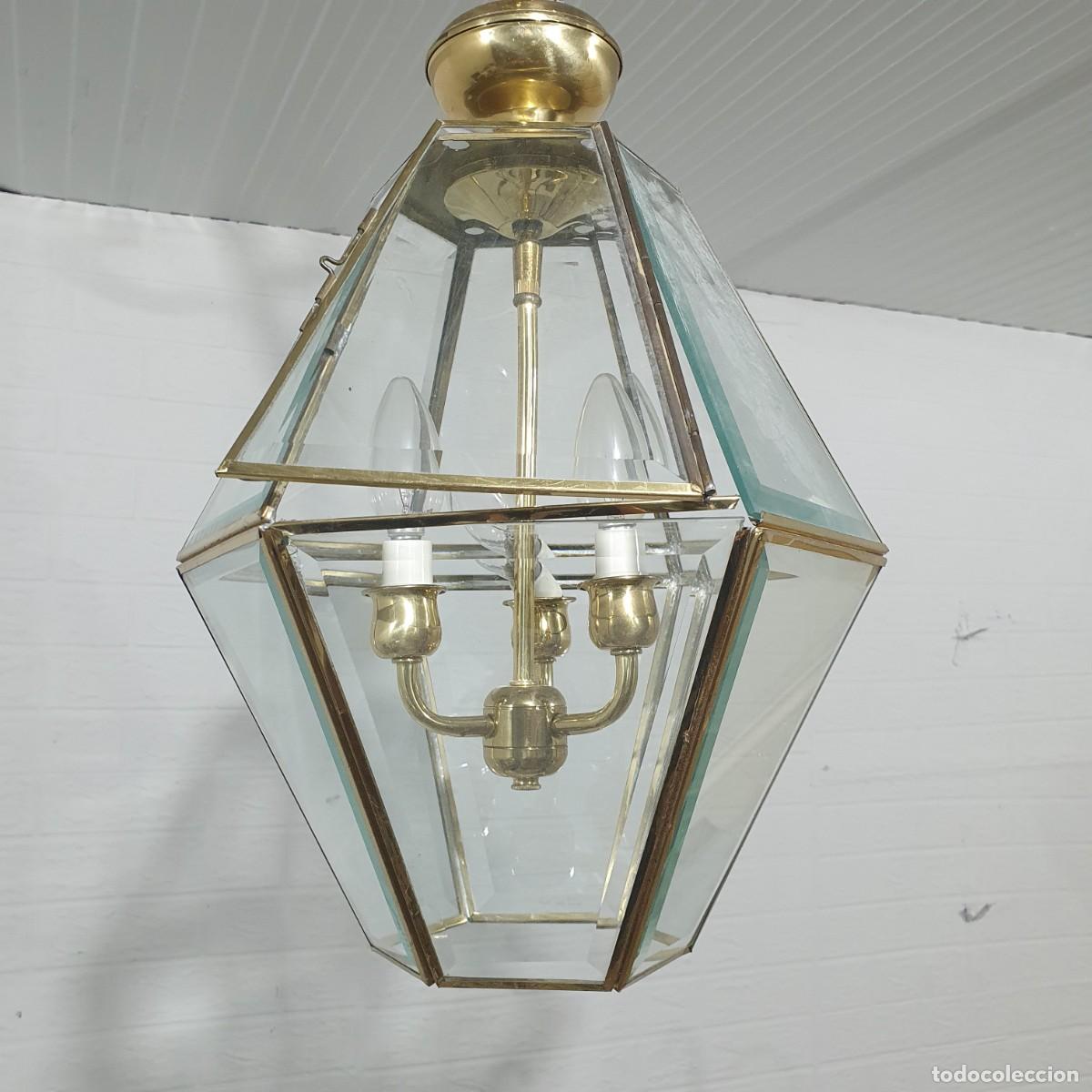 Antig&uuml;edades: Farol de lat&oacute;n con cristales biselados - Foto 5