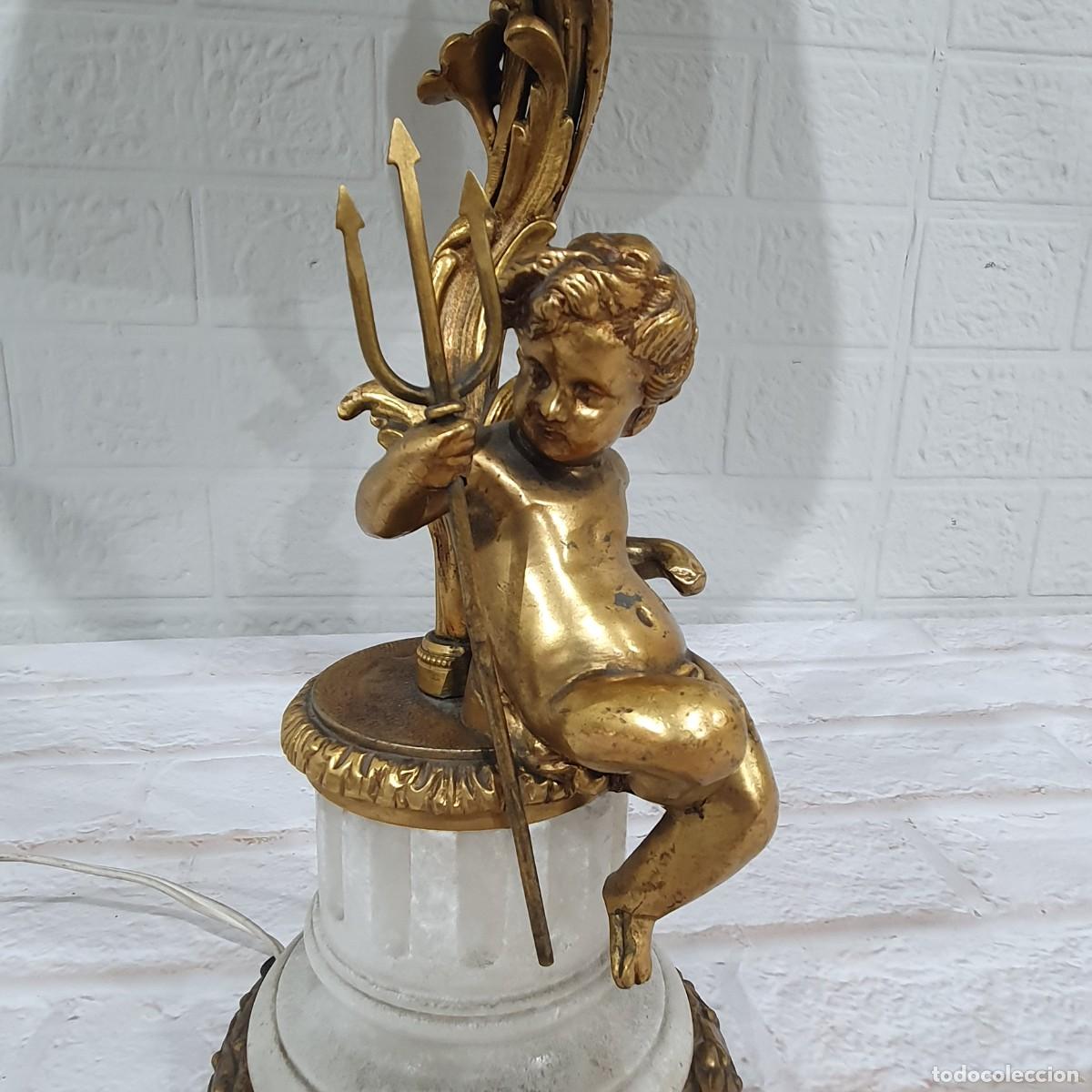 Antig&uuml;edades: Lampara de mesa figura querub&iacute;n bronce y m&aacute;rmol - Foto 3