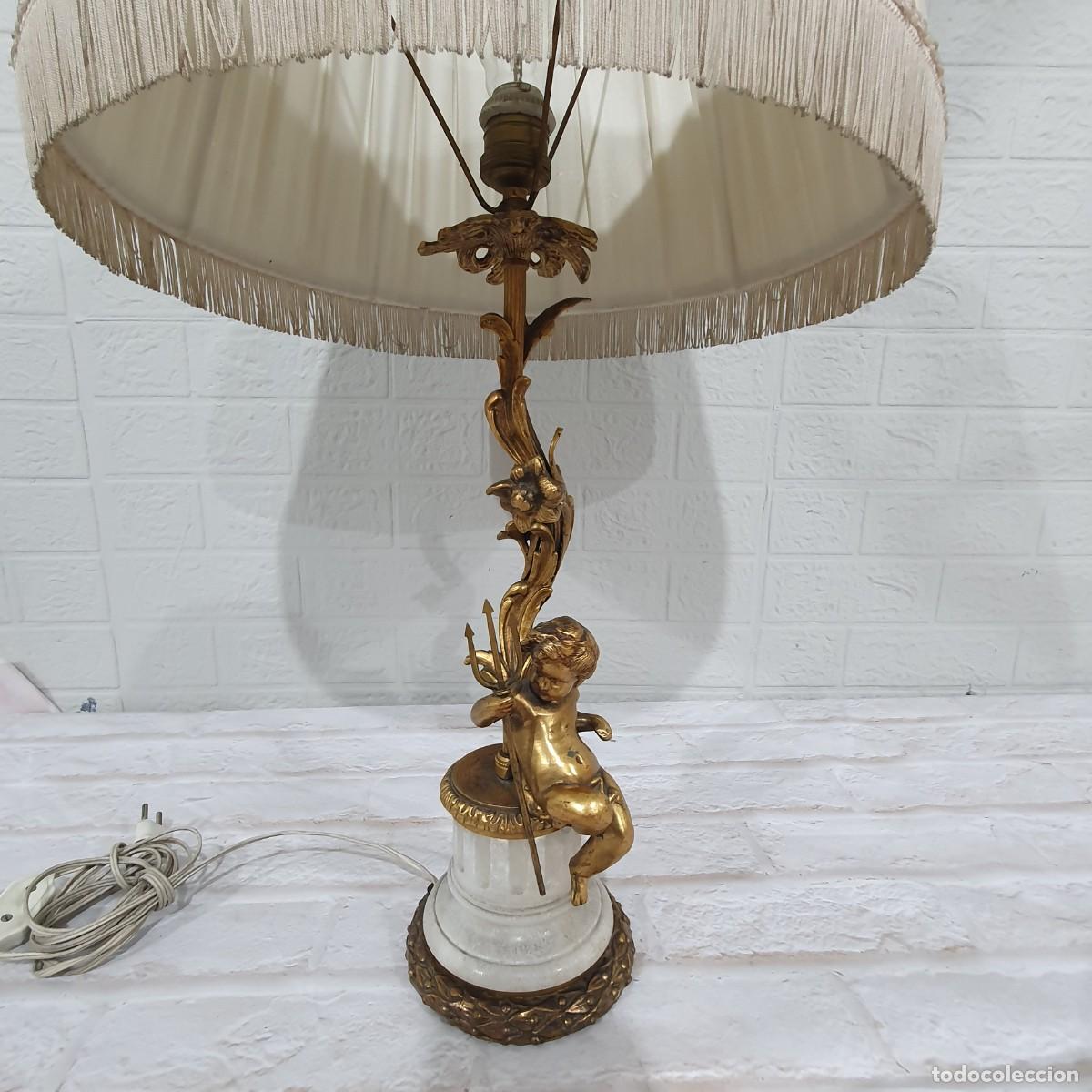 Antig&uuml;edades: Lampara de mesa figura querub&iacute;n bronce y m&aacute;rmol - Foto 4
