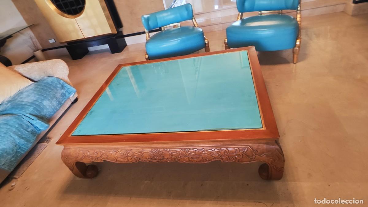 Antig&uuml;edades: Mesa de Centro Tallada con Cristal Turquesa - Foto 2