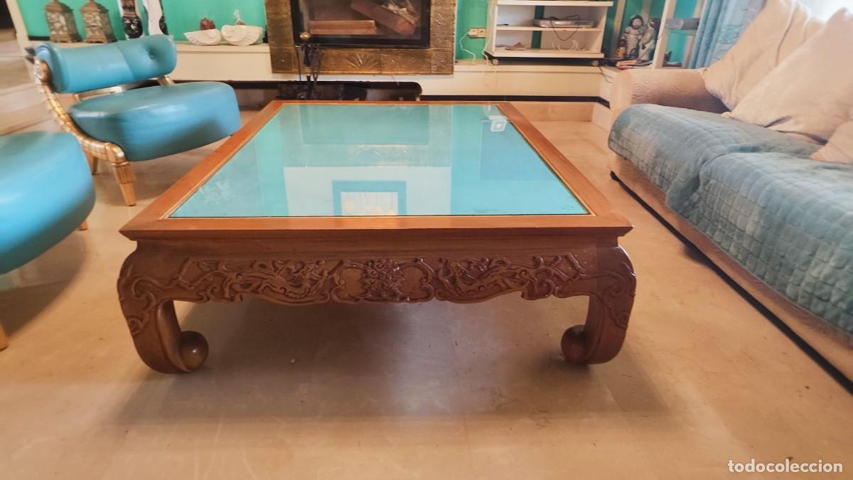 Antig&uuml;edades: Mesa de Centro Tallada con Cristal Turquesa - Foto 3