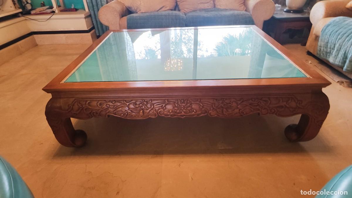 Antig&uuml;edades: Mesa de Centro Tallada con Cristal Turquesa - Foto 4