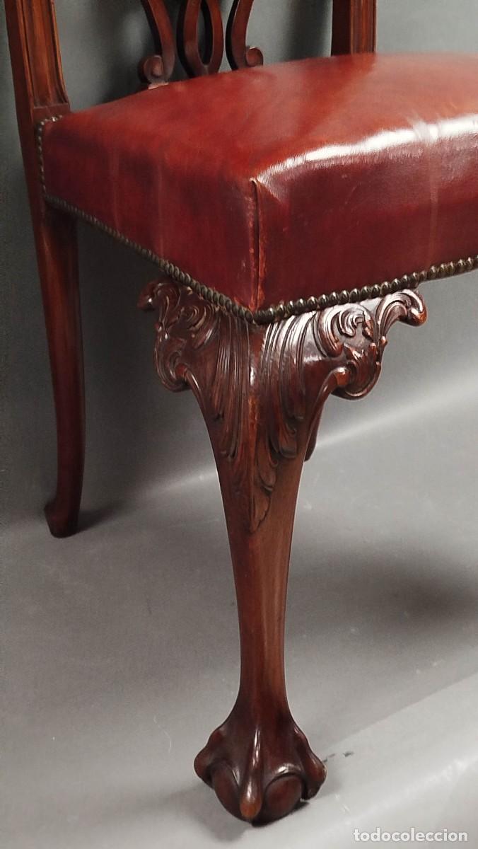 Antig&uuml;edades: SILLA ESTILO CHIPPENDALE CUERO BURDEOS Y MADERA CAOBA - Foto 3