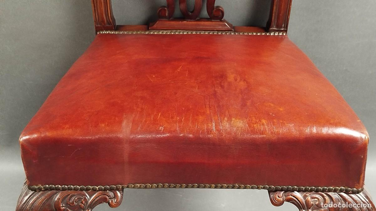 Antig&uuml;edades: SILLA ESTILO CHIPPENDALE CUERO BURDEOS Y MADERA CAOBA - Foto 4