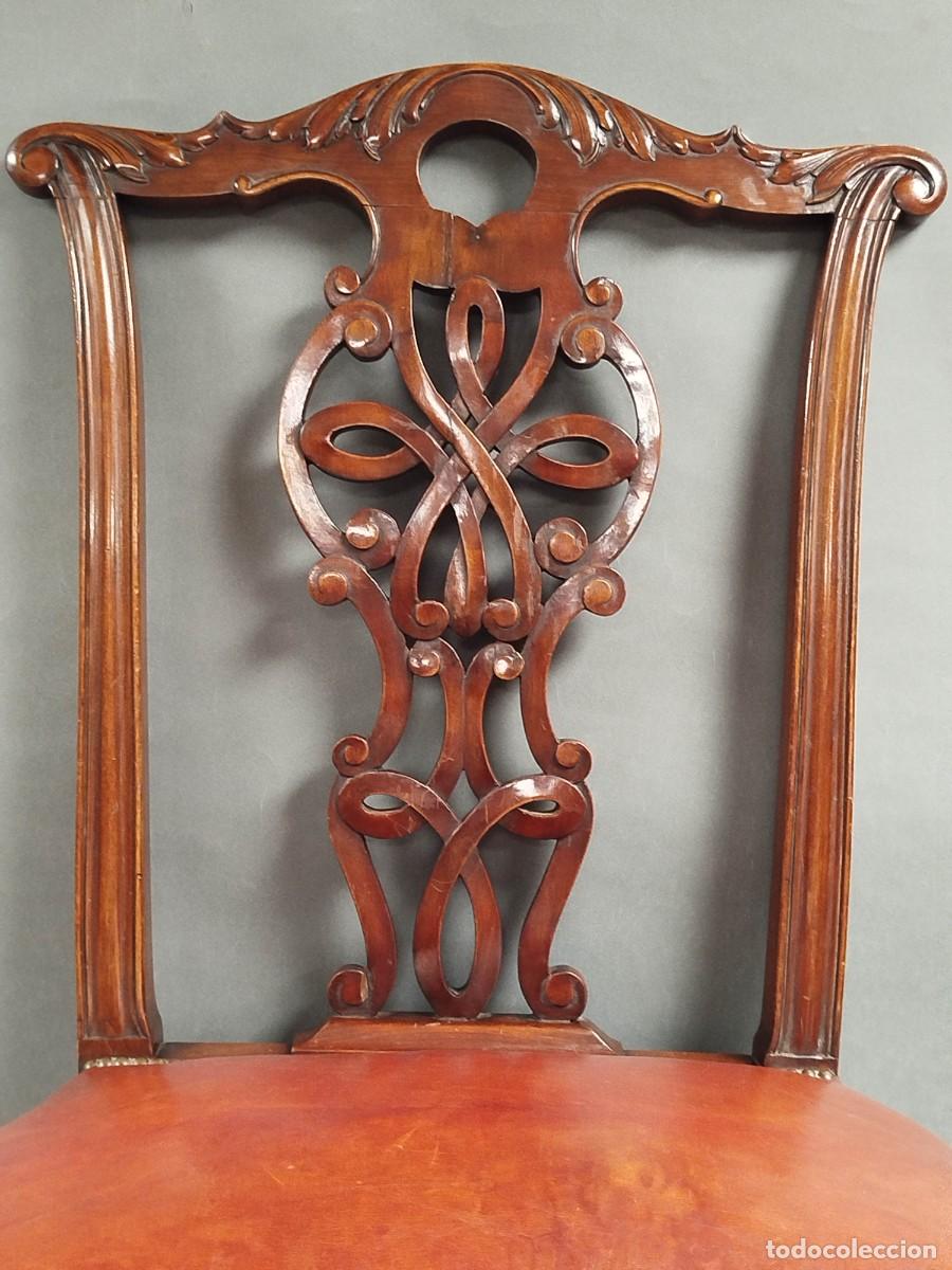 Antig&uuml;edades: SILLA ESTILO CHIPPENDALE CUERO BURDEOS Y MADERA CAOBA - Foto 5