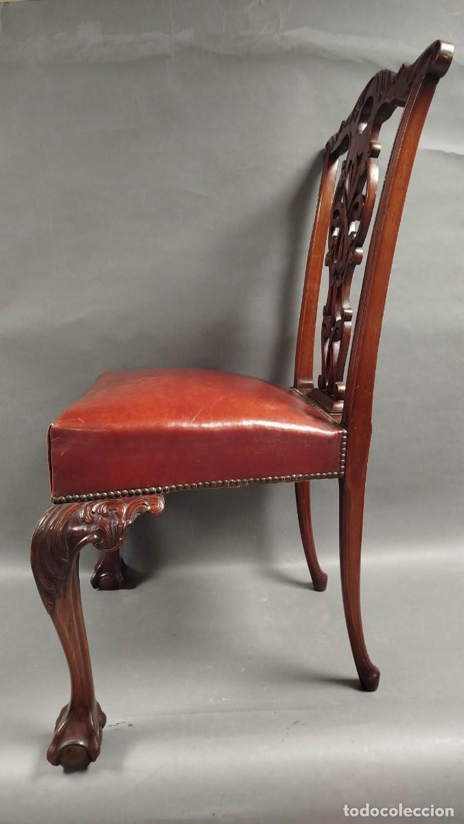 Antig&uuml;edades: SILLA ESTILO CHIPPENDALE CUERO BURDEOS Y MADERA CAOBA - Foto 6