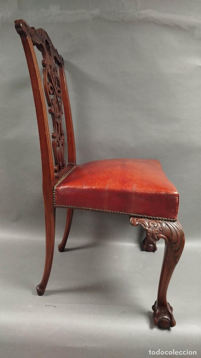 Antig&uuml;edades: SILLA ESTILO CHIPPENDALE CUERO BURDEOS Y MADERA CAOBA - Foto 9