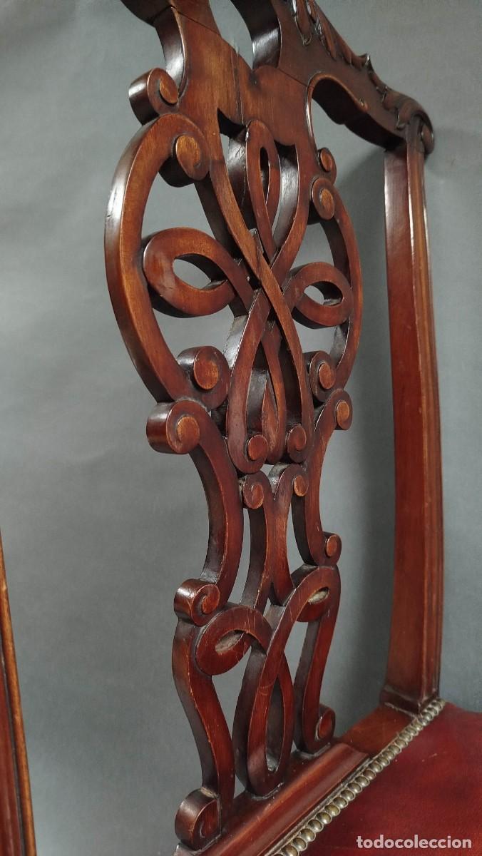 Antig&uuml;edades: SILLA ESTILO CHIPPENDALE CUERO BURDEOS Y MADERA CAOBA - Foto 10