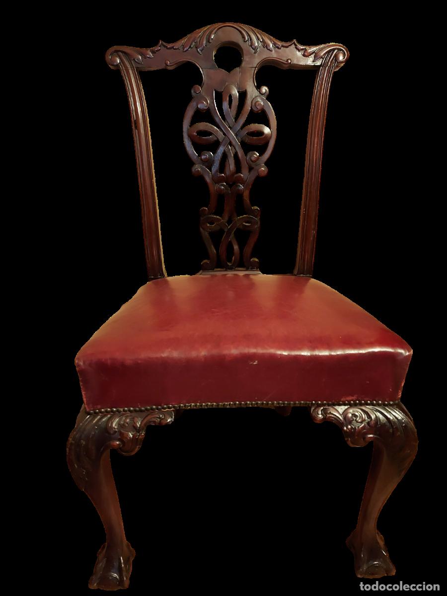 Antig&uuml;edades: SILLA ESTILO CHIPPENDALE CUERO BURDEOS Y MADERA CAOBA - Foto 1