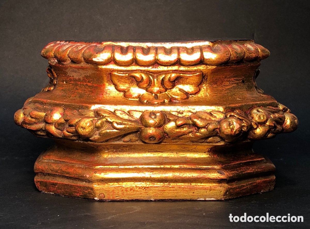 Antiques: Bella peana o base pedestal estilo barroco dorado para santo Virgen Cristo escultura talla etc