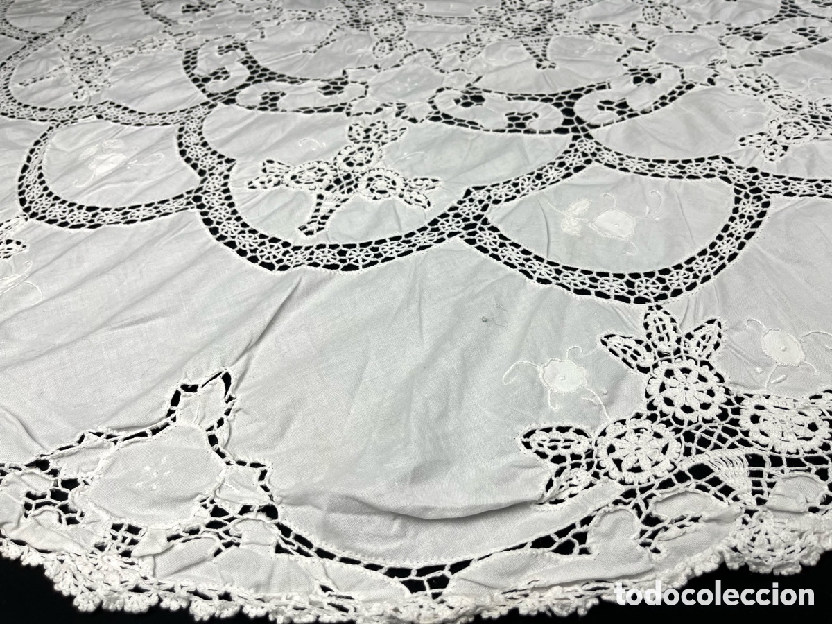Antig&uuml;edades: ANTIGUO MANTEL DE ALGOD&Oacute;N BORDADO A MANO (160CM) - Foto 6